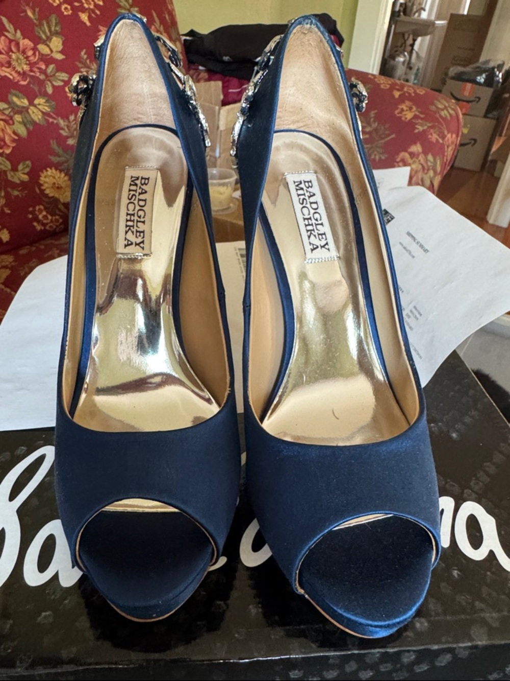Badgley Mischka Navy Satin Peep-Toe Heels with Crystal Accent